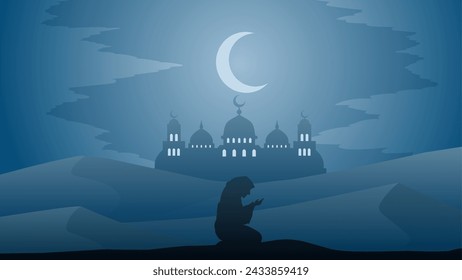 Ramadan landscape vector illustration. Mosque silhouette at night with praying muslim in desert. Mosque landscape for illustration, background or ramadan. Eid mubarak landscape for ramadan event