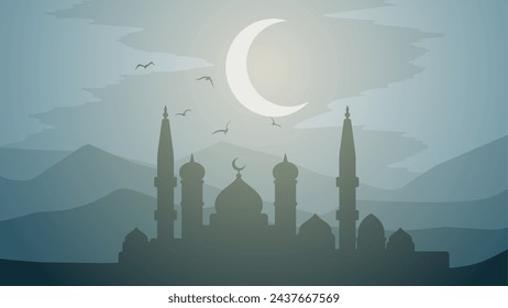 Ramadan landscape vector illustration. Mosque silhouette at night with crescent moon and mountain. Mosque landscape for illustration, background or ramadan. Eid mubarak landscape for ramadan event