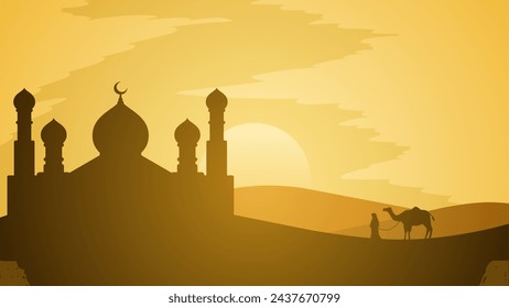 Ramadan Landschaft Vektor-Illustration. Moschee Silhouette in der Wüste mit Kamel und einem Muslim. Moschee-Landschaft für Illustration, Hintergrund oder Ramadan. Eid-Mubarak-Landschaft für Ramadan-Event