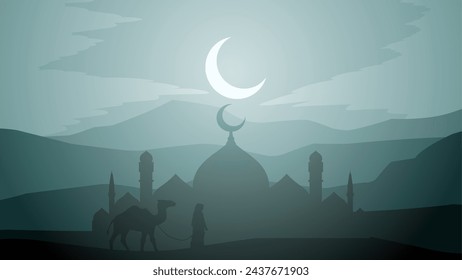 Ramadan landscape vector illustration. Mosque silhouette with camel and a muslim at night. Mosque landscape for illustration, background or ramadan. Eid mubarak landscape for ramadan event