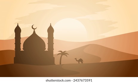 Ilustración vectorial de paisaje de Ramadán. Silueta de la mezquita y camello en el desierto por la mañana. Paisaje de la mezquita para la ilustración, fondo o ramadán. Paisaje de Eid Mubarak para el evento de Ramadán