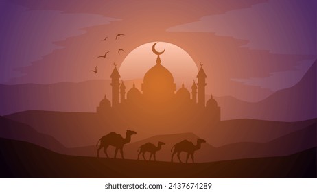 Ilustración vectorial de paisaje de Ramadán. Silueta de la mezquita en la noche con camello en el desierto. Paisaje de la mezquita para la ilustración, fondo o ramadán. Paisaje de Eid Mubarak para el evento de Ramadán