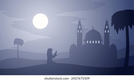 Ramadan landscape vector illustration. Mosque silhouette at night with praying muslim in desert. Mosque landscape for illustration, background or ramadan. Eid mubarak landscape for ramadan event