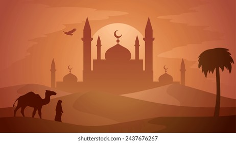 Ilustración vectorial de paisaje de Ramadán. Silueta de mezquita en el desierto con camello y un musulmán. Paisaje de la mezquita para la ilustración, fondo o ramadán. Paisaje de Eid Mubarak para el evento de Ramadán