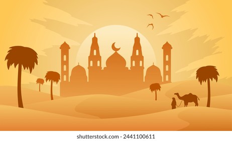 Ramadan landscape vector illustration. Mosque silhouette in the desert with camel and a muslim. Mosque landscape for illustration, background or ramadan. Eid mubarak landscape for ramadan event