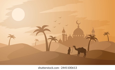 Ramadan landscape vector illustration. Mosque silhouette in the desert with camel and a muslim. Mosque landscape for illustration, background or ramadan. Eid mubarak landscape for ramadan event