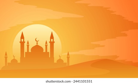 Ramadan landscape vector illustration. Mosque silhouette in the sand desert at noon. Mosque landscape for illustration, background or ramadan. Eid mubarak landscape for ramadan event