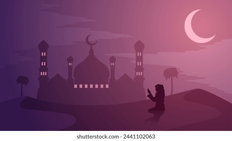 Ramadan landscape vector illustration. Mosque silhouette at night with praying muslim in the desert. Mosque landscape for illustration, background or ramadan. Eid mubarak landscape for ramadan event
