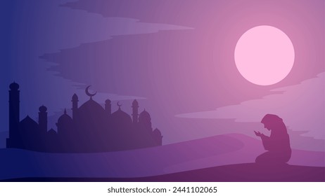 Ramadan landscape vector illustration. Mosque silhouette at night with praying muslim in the desert. Mosque landscape for illustration, background or ramadan. Eid mubarak landscape for ramadan event