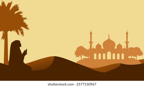 Ramadan landscape vector illustration. Mosque silhouette in the desert with a muslim woman in pray pose. Mosque landscape for illustration, background or ramadan. Eid mubarak landscape