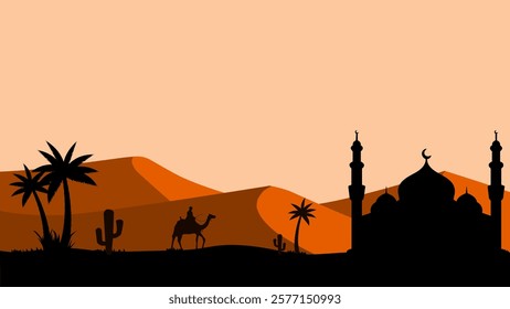 Ramadan landscape vector illustration. Mosque silhouette in the desert with camel and a muslim. Mosque landscape for illustration, background or ramadan. Eid mubarak panorama for ramadan event