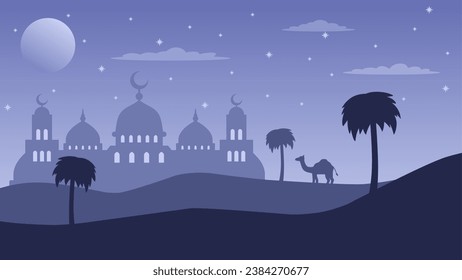 Ramadan landscape vector illustration. Silhouette of mosque in the desert at night for eid mubarak. Ramadan design graphic in muslim culture and islam religion