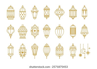 Ramadan lantern. Arabic traditional lanterns. Oriental Muslim hanging golden lanterns with stars, moons, decor elements. Islamic lamp. Ramadan Kareem symbols vector set.