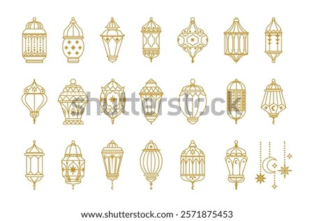 Ramadan lantern. Arabic traditional lanterns. Oriental Muslim hanging golden lanterns with stars, moons, decor elements. Islamic lamp. Ramadan Kareem symbols vector set.