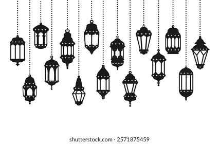 Ramadan lantern banner. Arabic border with silhouette lanterns. Celebration banner with decorative hanging lamps. Eastern oriental background. Ramadan Kareem vector concept.