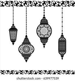 Ramadan lantern in black and white. Greeting card template