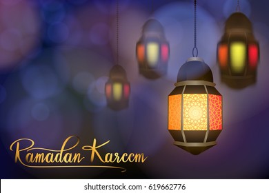 Ramadan lantern with blur background for Ramadan Kareem in vector illustration. Arabic lamp with copy space for banner in Muslim, Islamic festival 