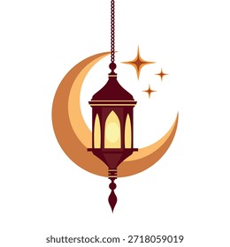 Linterna de Ramadán y Luna creciente con estrellas brillantes  
