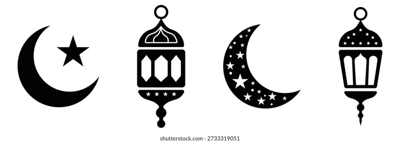 Ramadan-Laterne und Mondsichel - islamisches religiöses Symbol, das den heiligen Monat des Ramadan, Spiritualität, Glauben und Feiern repräsentiert. Geeignet für Web, App, Print und festliches Design.