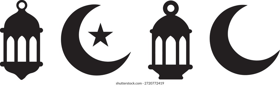 Ramadan lantern and crescent moon islamic icon vector set