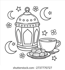 Ramadan Lantern with Dates and Tea Cup Line Art Illustration for Islamic Festive Design