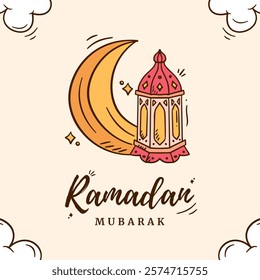 Ramadan lantern doodle background. Islamic traditional lamp and crescent moon hand drawn icon vector design elements. Sketch style outline muslim cartoon icon for banner template. 