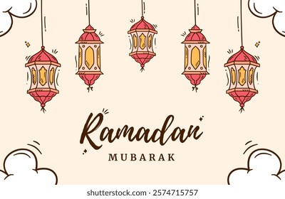 Ramadan lantern doodle background. Islamic traditional lamp and crescent moon hand drawn icon vector design elements. Sketch style outline muslim cartoon icon for banner template. 