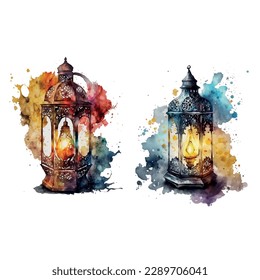 Ramadan Lantern, eid mobarak, watercolor illustration