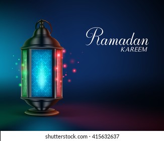 Ramadan Lantern or Fanous with Lights and Ramadan Kareem Greetings in a Colorful Night Background. 3D Realistic Vector Illustration
