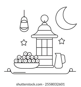 Ramadan Lantern with Food and Crescent Moon in Minimalistic Style