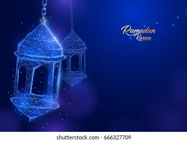 Ramadan Lantern form of a starry sky. Eid al-fitr greeting card on blue background