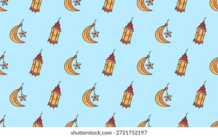 Fondo de ilustración dibujado a mano de linterna de Ramadán. Linterna islámica, luna creciente y estrella doodle Vector sin patrón. Estilo de boceto de color de línea de arte de dibujos animados musulmanes icono de fondo de azulejos.	