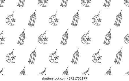 Fondo de ilustración dibujado a mano de linterna de Ramadán. Linterna islámica, luna creciente y estrella doodle Vector sin patrón. Estilo de boceto de línea de arte de dibujos animados musulmanes icono de fondo de azulejos.	