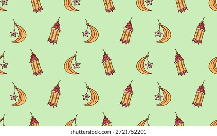 Fondo de ilustración dibujado a mano de linterna de Ramadán. Linterna islámica, luna creciente y estrella doodle Vector sin patrón. Estilo de boceto de color de línea de arte de dibujos animados musulmanes icono de fondo de azulejos.	