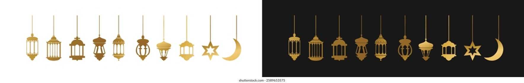 Ramadan lantern icon set on long banner. Golden lantern, Ramadan Kareem greeting card. Celebration design element. Islamic Festival of Muslims. Vector illustration.