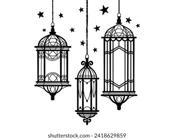 Ramadan-Laternengrafik mit schwarzer Grundfarbe auf isoliertem weißem Hintergrund