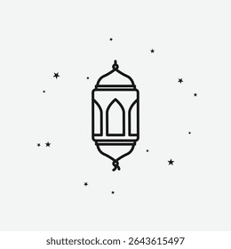 Lanterna Ramadã ou Luz Islâmica com Estrelas Espalhadas no Fundo da Luz, Representando Iluminação Festiva, Ícone de Contorno Branco