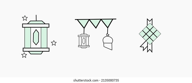 ramadan lantern lamp moon and star eid mubarak icon isolated vector illustration light green simple line art collection set