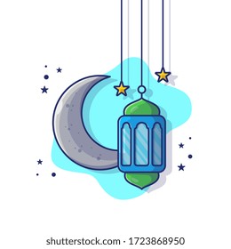 Ramadan Lantern Lamp And Moon Vector Icon Illustration. Ramadan Icon Concept Isolated Premium Vector. Flat Cartoon Style 
