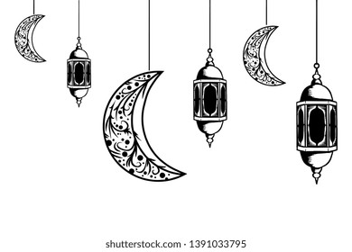 Ramadan lantern and moon hanging decorative vintage hand drawn sketch design