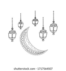 Ramadan lantern and moon hanging decorative vintage hand drawn sketch design