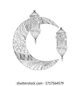 Ramadan lantern and moon hanging decorative vintage hand drawn sketch design