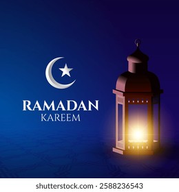 Ramadan lantern on blue islamic ornaments. Islamic greeting card for Ramadan celebration. Crescent moon and star.