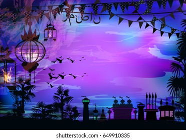 Ramadan. A lantern on a tree. Light in the night sky. sunset. Purple background. Sunset religion September.Translation of the text from Arabic: Ramadan . Palm trees - tropics with birds and flags.