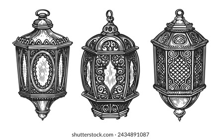 Ramadan lantern set. Islamic lamp. Hand drawn sketch vintage vector illustration