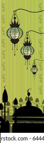 Ramadan. The lantern is silhouetted with light. On the chain hang three pieces. On a background of striped greens on the background of black mosques with a half a month on the dome