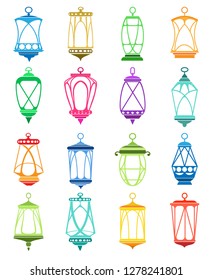 Ramadan lantern vector icons. Old islamic culture arabic lights, ramadan kareem colorful lanterns isolated on white background