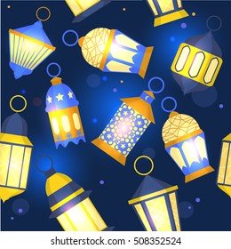 Ramadan Lanterns Background Pattern Eastern Religious Tradition. Flat Design Style Set. Eastern Religious Tradition, Colored Arabic Lamps. 