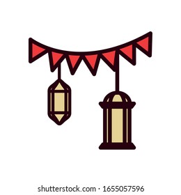 Ramadan lanterns and banner pennant line and fill style icon design, Islamic muslim religion culture belief religious faith god spiritual meditation and traditional theme Vector illustration