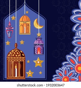 ramadan lanterns with burning candles moon flowers decoration vector illustration